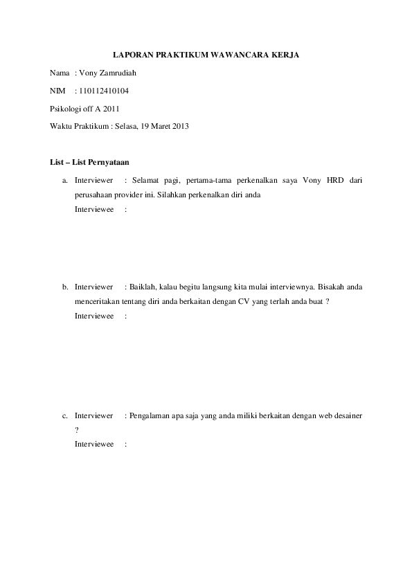 Doc Laporan Praktikum Wawancara Kerja Vony Zamrudiah Academia Edu