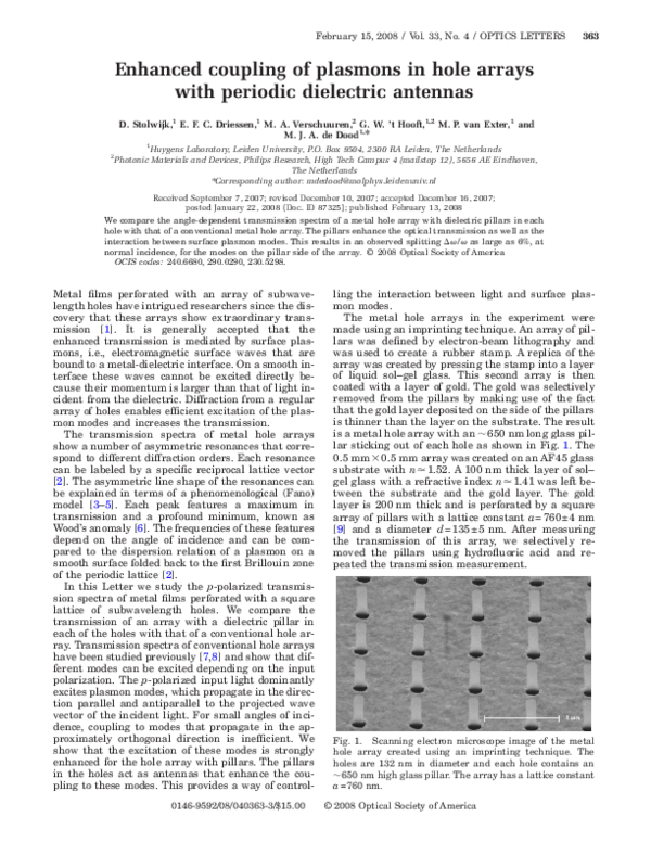 (PDF) Enhanced coupling of surface plasmon modes
