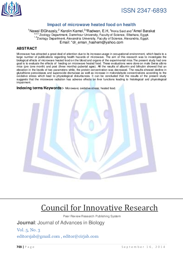 (PDF) Impact of microwave heated food on health Dr.David Miller