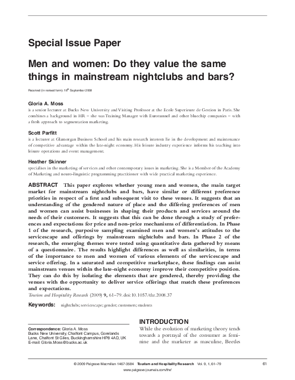  PDF Men And Women Do They Value The Same Things In Mainstream Nightclubs And Bars Heather 