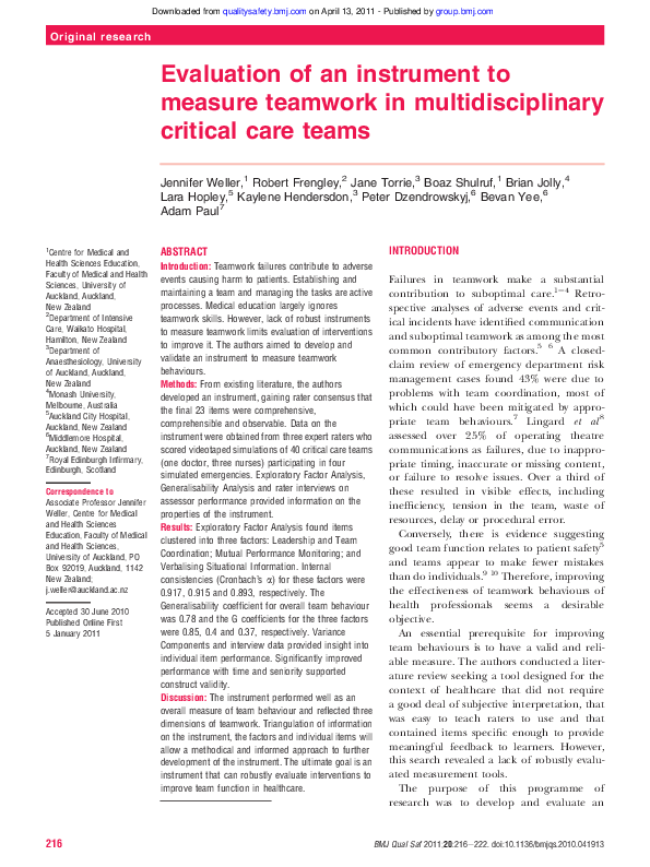 (PDF) Evaluation of an Instrument to Measure Teamwork