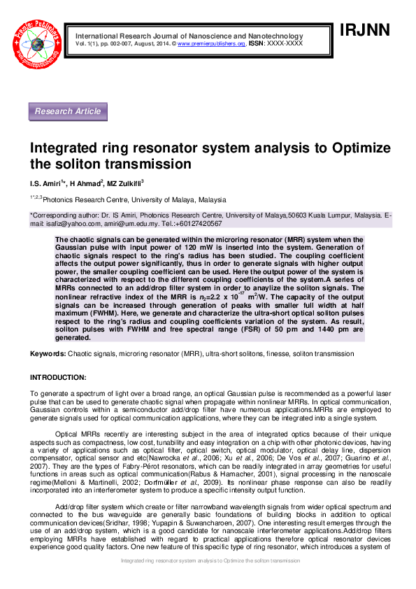 (PDF) Integrated ring resonator system analysis to Optimize the soliton ...