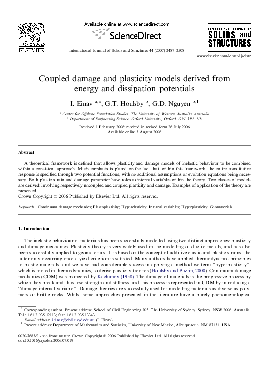 (PDF) Coupled damage and plasticity models derived from energy and ...