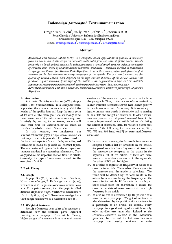 (PDF) Indonesian Automated Text Summarization