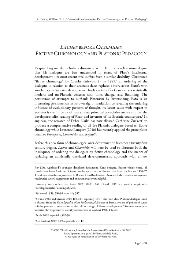(PDF) Laches before Charmides Fictive Chronology and Platonic Pedagogy William H . F . Altman