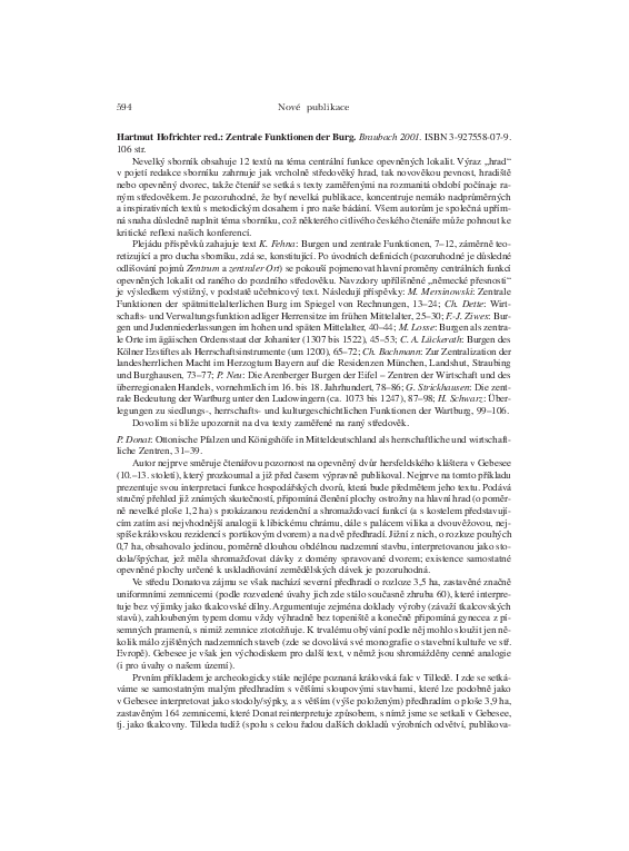 (PDF) Review on Hartmut Hofrichter red. Zentrale Funktionen der Burg