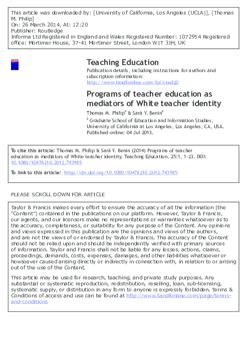 (PDF) Programs of teacher education as mediators of White teacher identity