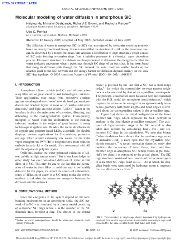 (PDF) Molecular modeling of water diffusion in amorphous SiC