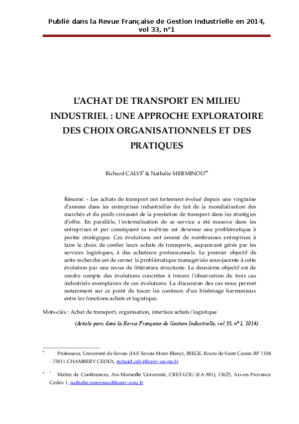 (DOC) L’ACHAT DE TRANSPORT EN MILIEU INDUSTRIEL : UNE APPROCHE ...