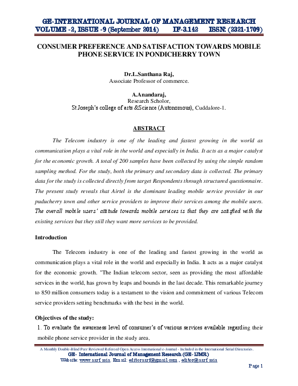 (PDF) CONSUMER PREFERENCE AND SATISFACTION TOWARDS MOBILE PHONE SERVICE