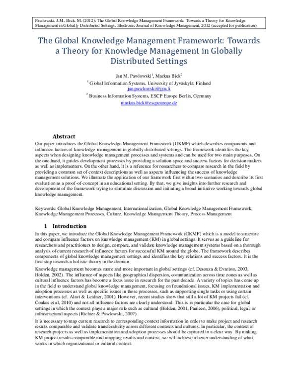 (PDF) The Global Knowledge Management Framework Towards a Theory for