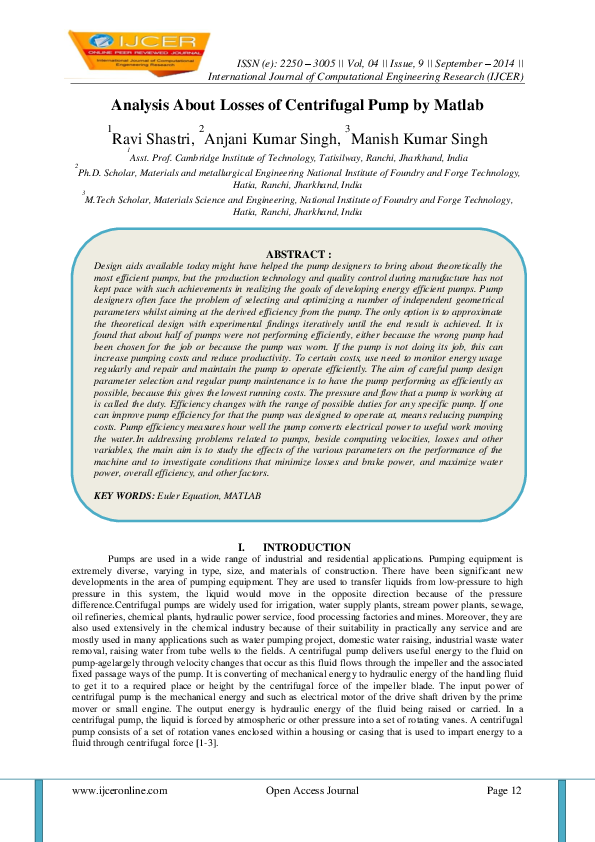 (PDF) Analysis About Losses of Centrifugal Pump by Matlab Independent