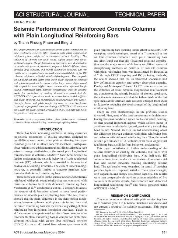 (PDF) Seismic Performance of Reinforced Concrete Columns with Plain ...