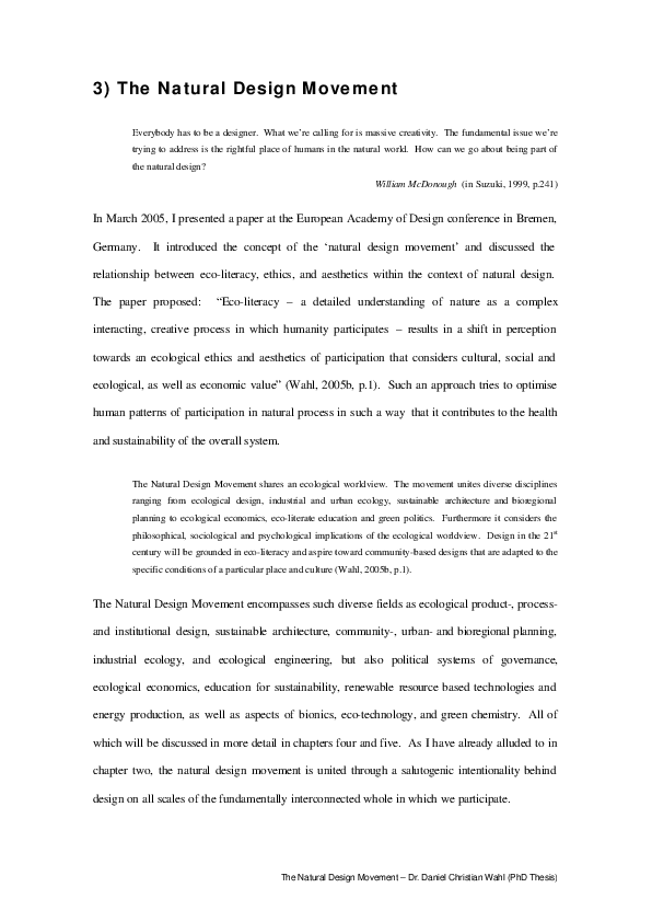 The Natural Design Movement; Design for Human and Planetary Health - A Holistic Integral Approach to Complexity and Sustainability, Daniel C. Wahl, 2006 (PhD Thesis), University of Dundee, Chapter 3 