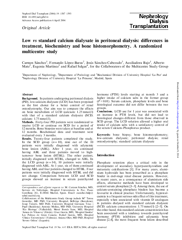 (PDF) Low vs standard calcium dialysate in peritoneal dialysis