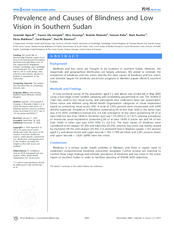 (PDF) Prevalence and Causes of Blindness and Low Vision in Southern Sudan