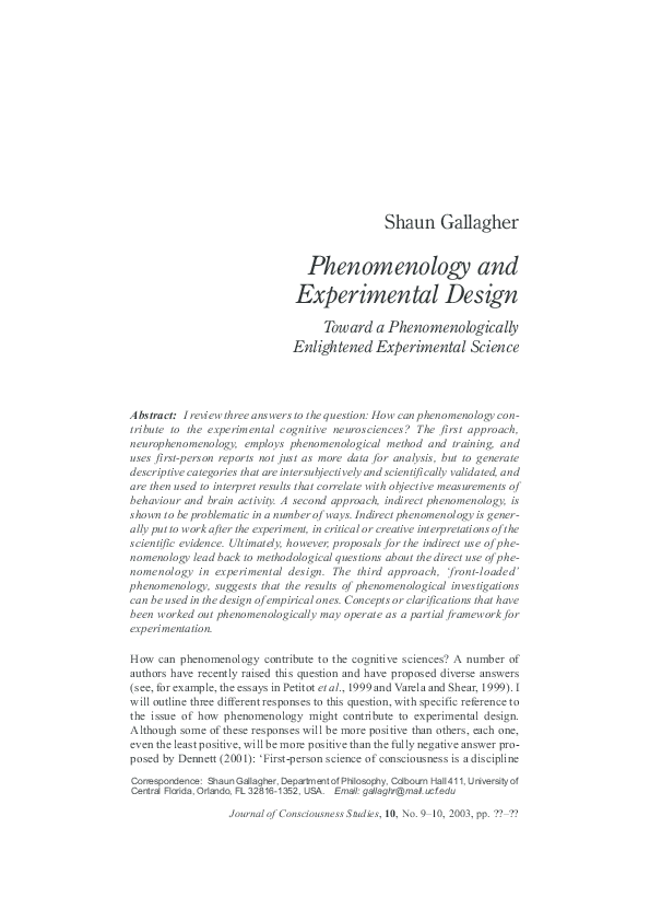 Gallagher. 2003. Phenomenology and experimental design: Towards a ...