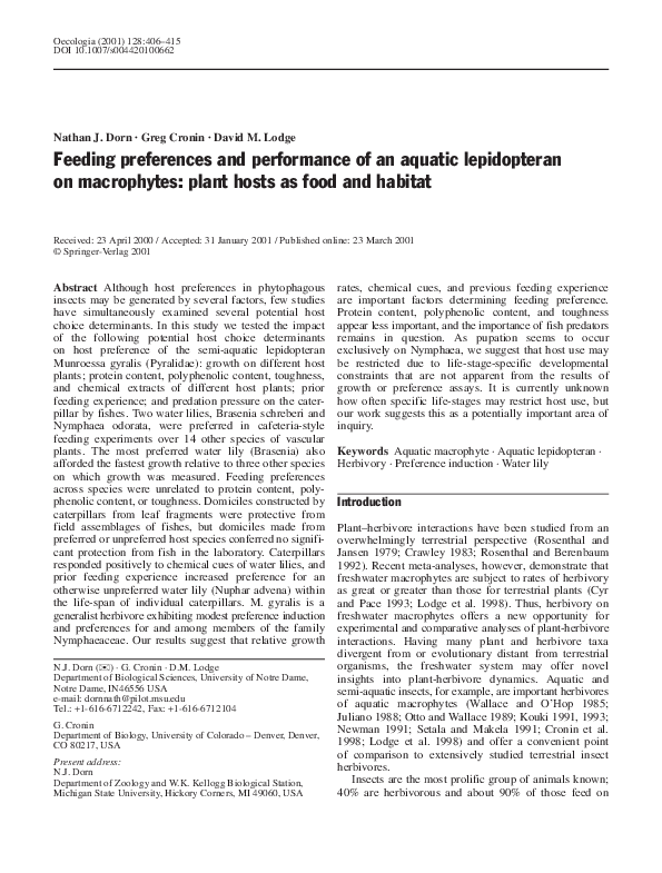 (PDF) Feeding preferences and performance of an aquatic lepidopteran on ...