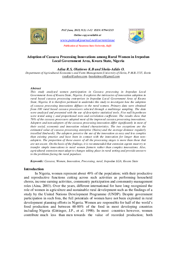 Adoption of Cassava Processing Innovations among Rural Women in ...