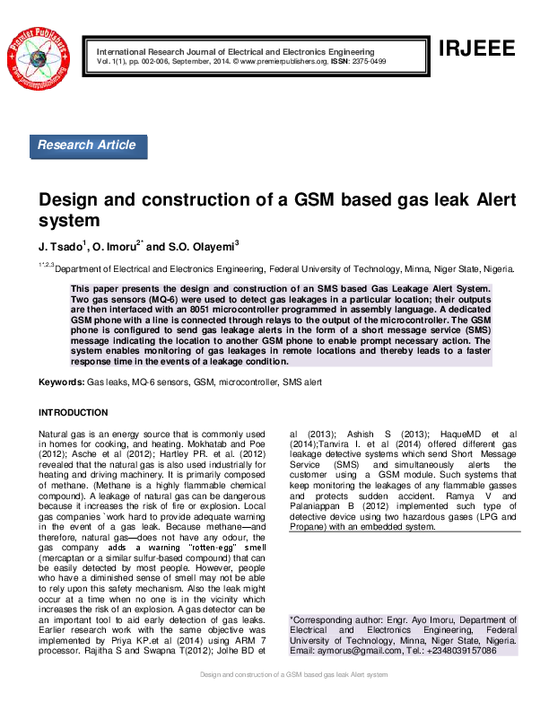 (PDF) Design and construction of a GSM based gas leak Alert system