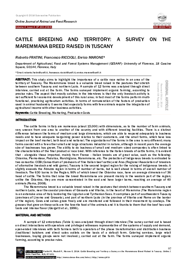 (PDF) CATTLE BREEDING AND TERRITORY: A SURVEY ON THE MAREMMANA BREED ...