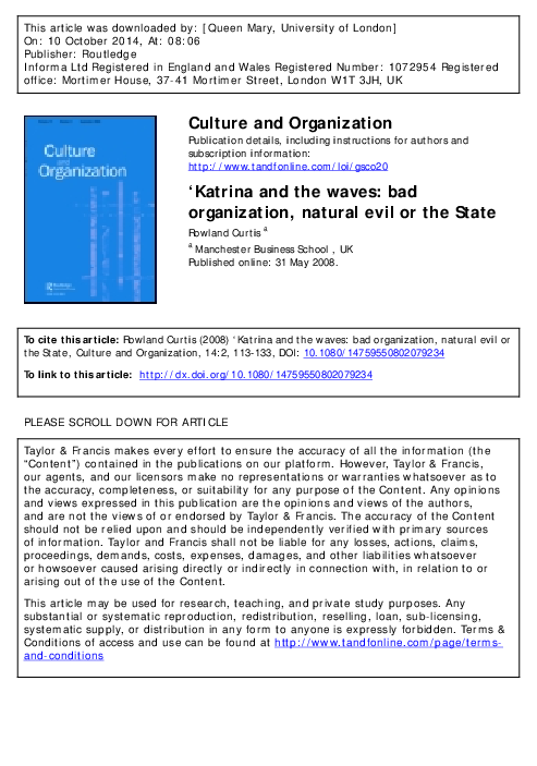 Curtis, R (2008) Katrina and the Waves: Bad Organization, Natural Evil or The State