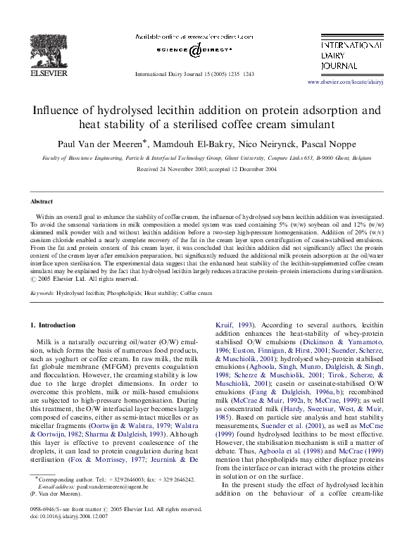 (PDF) Influence of hydrolysed lecithin addition on protein adsorption and heat stability of a