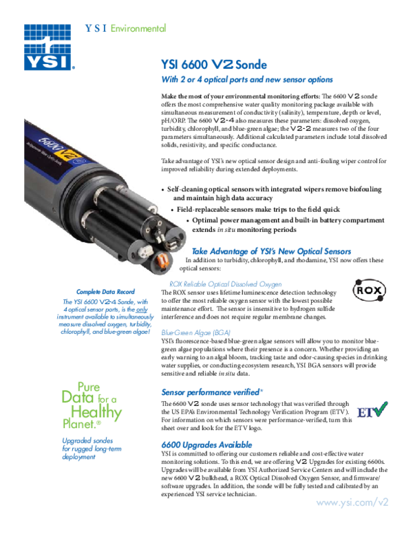 (PDF) YSI 6600 V2 Sonde With 2 or 4 optical ports and new sensor