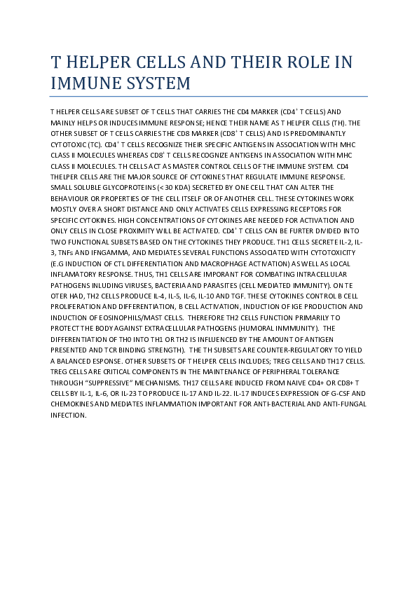(DOC) T HELPER CELLS AND THEIR ROLE IN IMMUNE SYSTEM