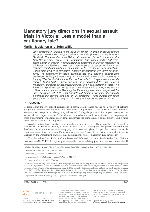 (PDF) Mandatory Jury Directions in Sexual Assault Trials in Victoria