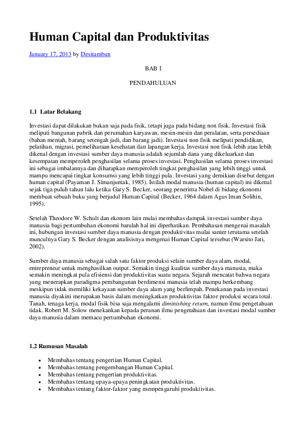 Doc Human Capital Dan Produktivitas Fenty Fitriany Academia Edu