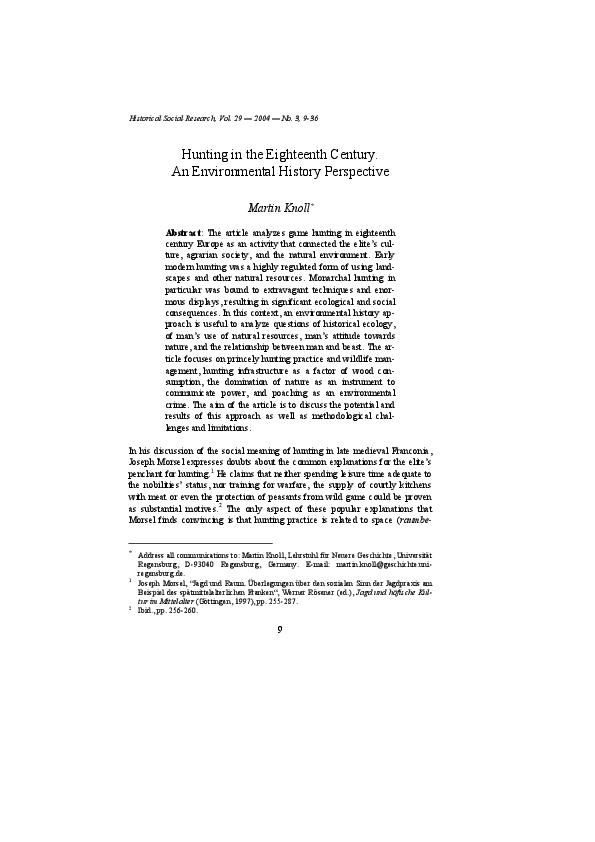 Hunting in the 18th Century. An Environmental History Perspective