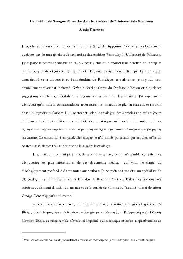 Pdf Les Inedits De Georges Florovsky Dans Les Archives De L Universite De Princeton Alexis Torrance Academia Edu