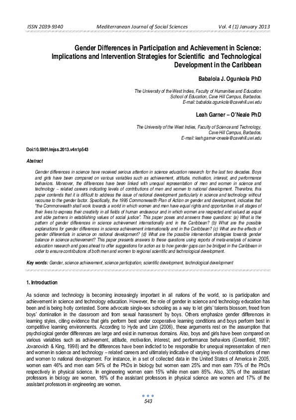 (PDF) Gender Differences in Participation and Achievement in Science ...