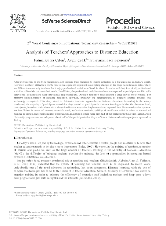 (PDF) Analysis of teachers 'approaches to distance education.