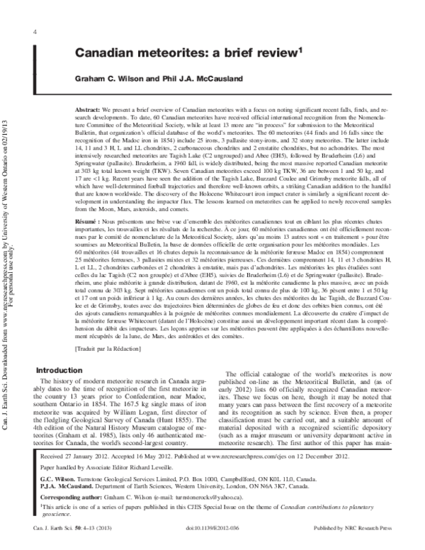 Wilson and Mc Causland CJES 2013 Canadian meteorites a brief review