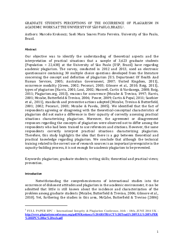 (PDF) GRADUATE STUDENTS PERCEPTIONS OF THE OCCURRENCE OF PLAGIARISM IN ...