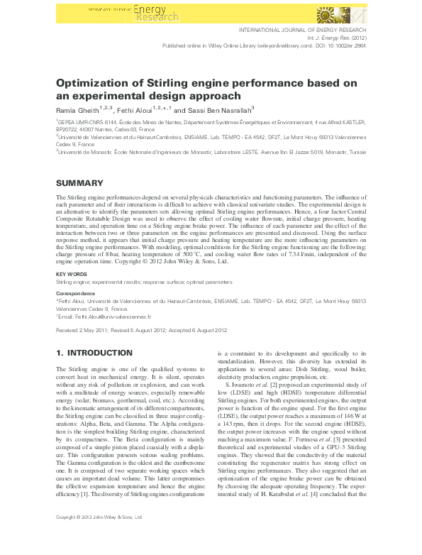 (PDF) Optimization of Stirling engine performance based on an ...