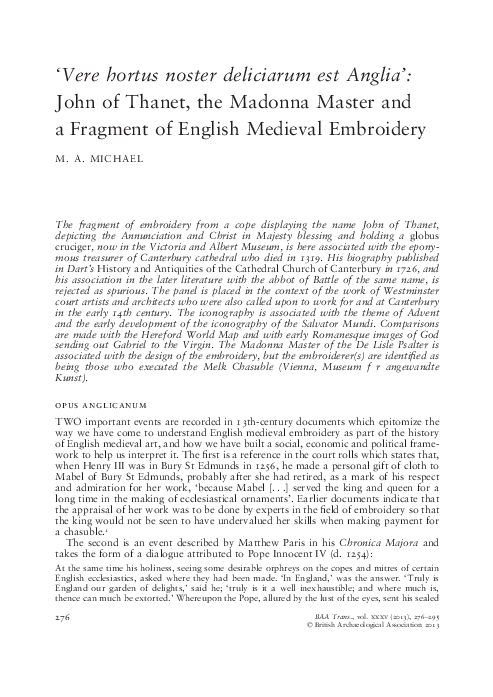 ‘Vere hortus noster deliciarum est Anglia’: John of Thanet, the Madonna Master and a Fragment of English Medieval Embroidery