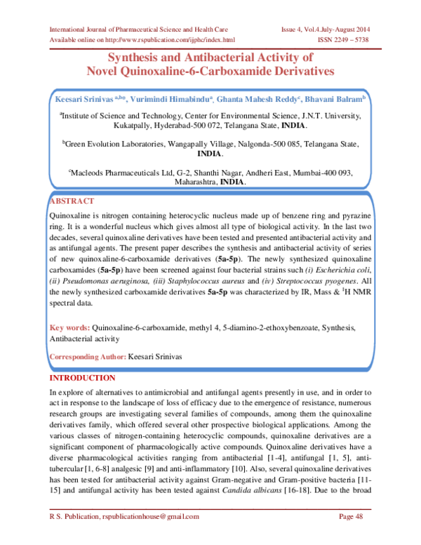(PDF) Synthesis and Antibacterial Activity of Novel Quinoxaline-6 ...