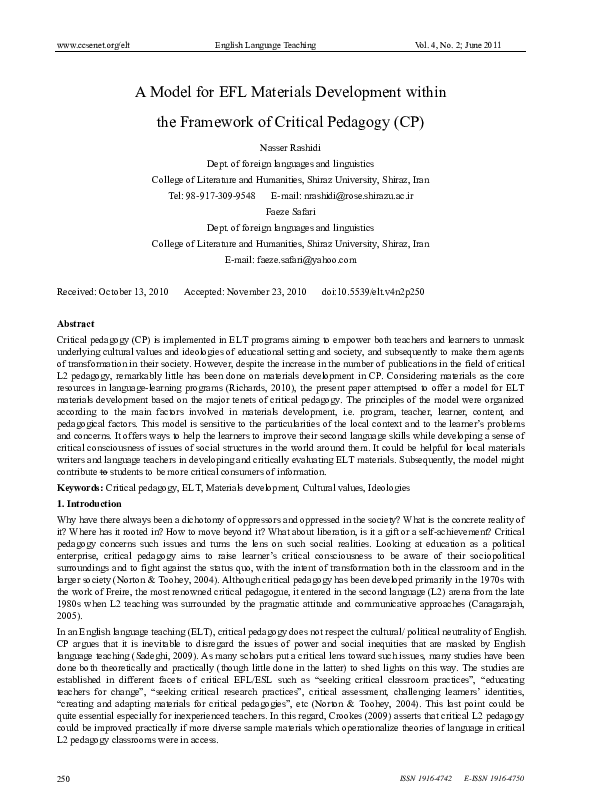 A Model for EFL Materials Development within the Framework of Critical