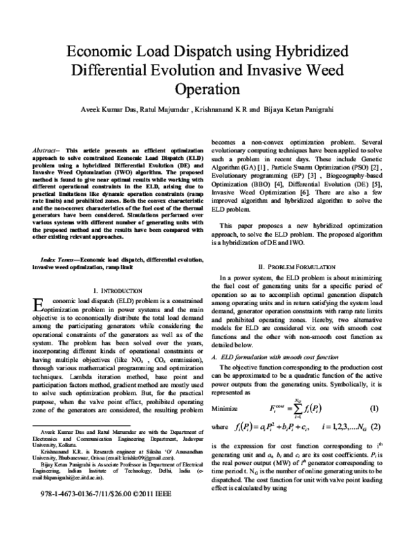 (PDF) Economic load dispatch using hybridized Differential Evolution ...