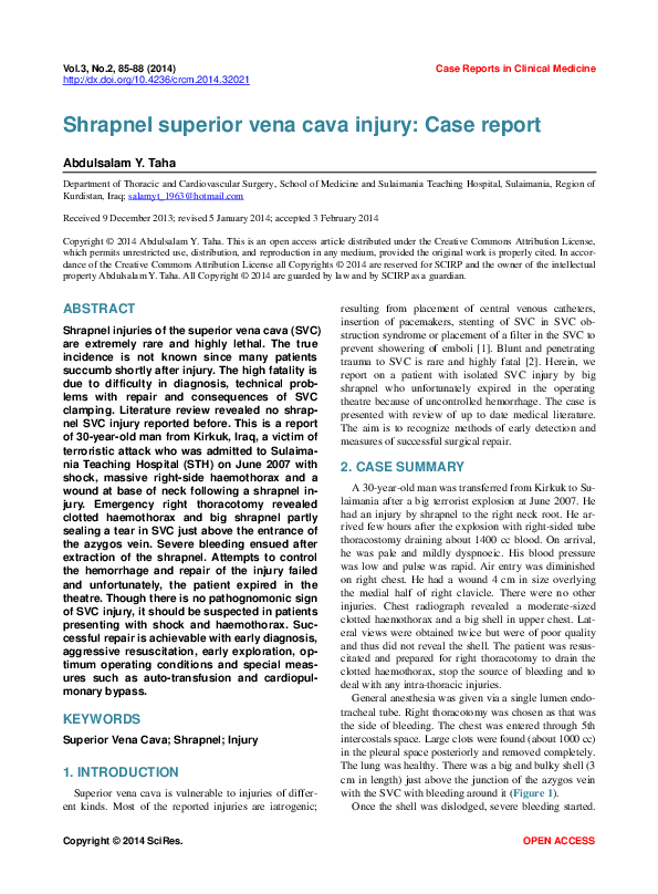 (PDF) SHRAPNEL SUPERIOR VENA CAVA INJURY: A CASE REPORT
