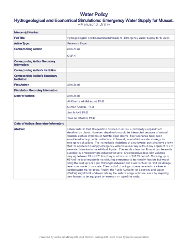 (PDF) Water Policy Hydrogeological and Economical Simulations
