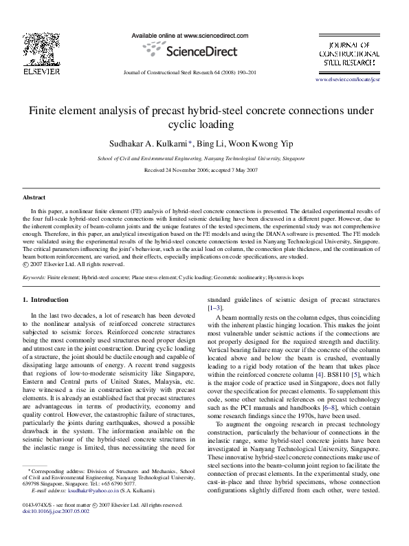 (PDF) Finite element analysis of precast hybrid-steel concrete connections