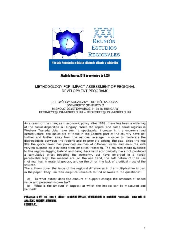 (PDF) METHODOLOGY FOR IMPACT ASSESSMENT OF REGIONAL DEVELOPMENT PROGRAMS