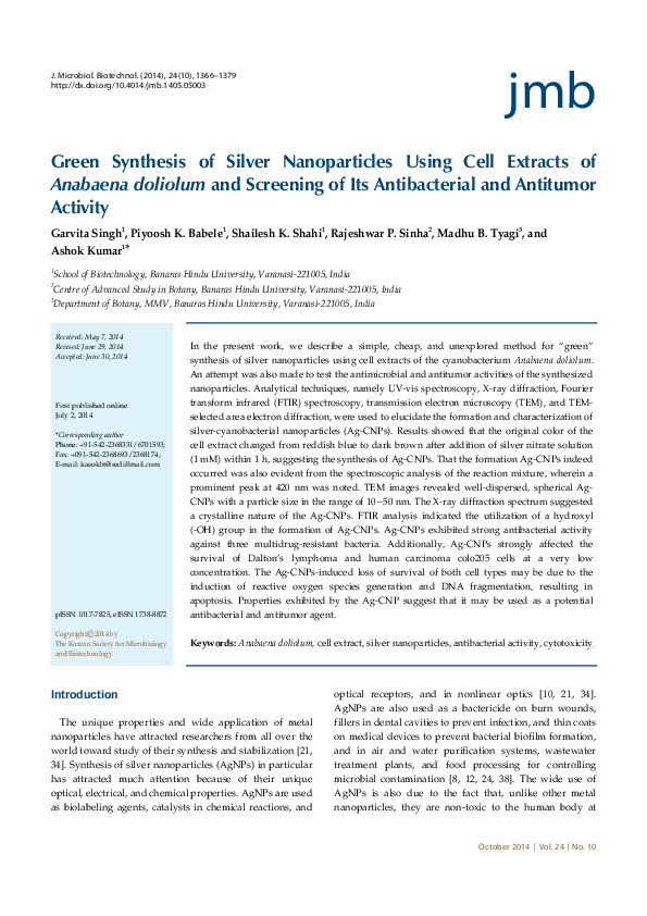 (PDF) Green Synthesis of Silver Nanoparticles Using Cell Extracts of ...
