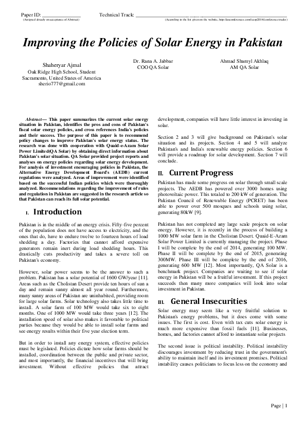 (DOC) Improving the Policies of Solar Energy in Pakistan