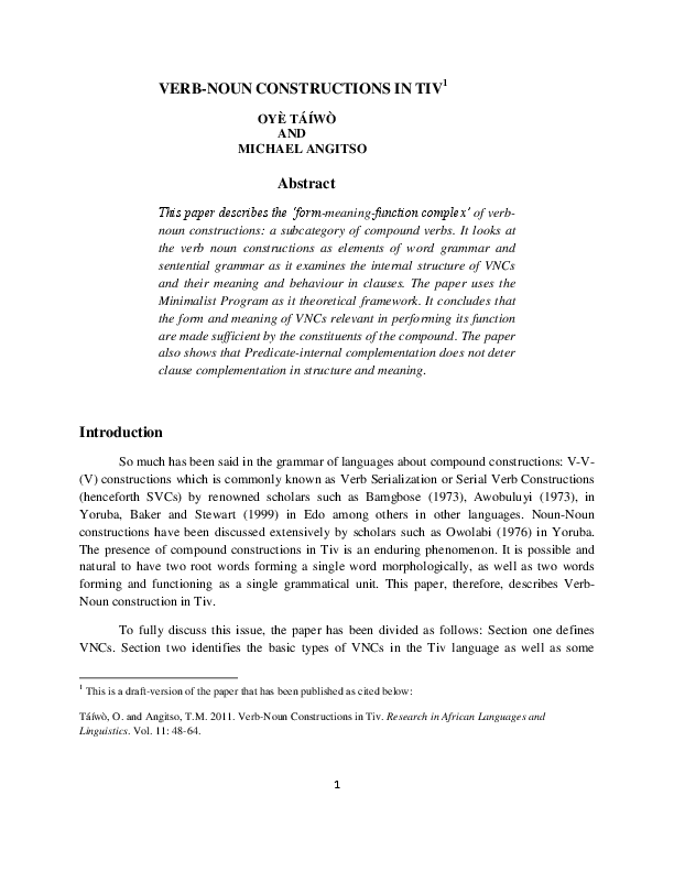 (PDF) VERBNOUN CONSTRUCTIONS IN TIV Michael Angitso Academia.edu
