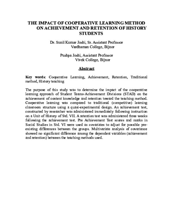 (DOC) THE IMPACT OF COOPERATIVE LEARNING METHOD ON ACHIEVEMENT AND ...